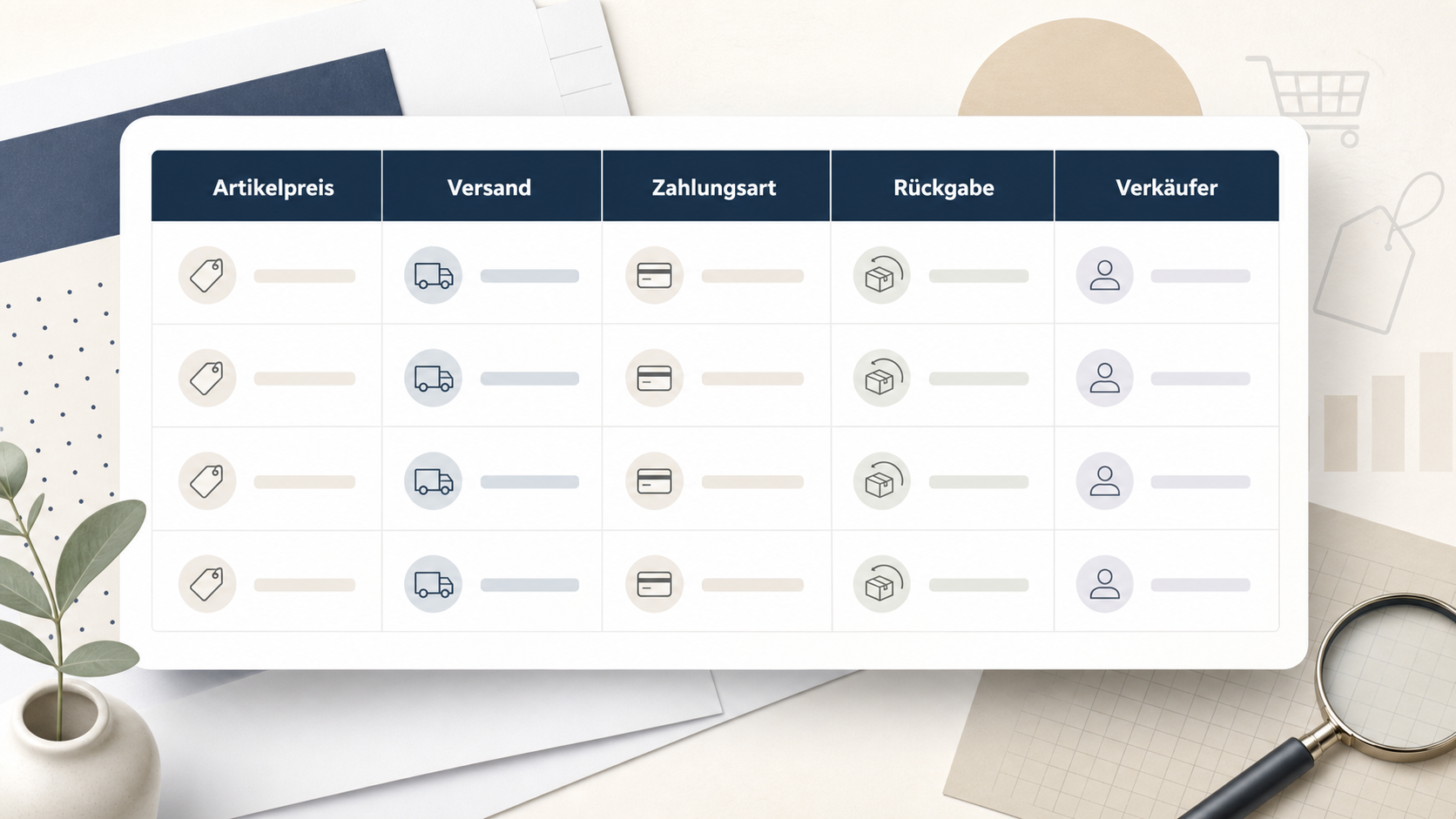 Redaktionelle Illustration zu Elektronik-Onlineshop auswählen: Preis, Händler, Lieferung, Rückgabe und Service prüfen