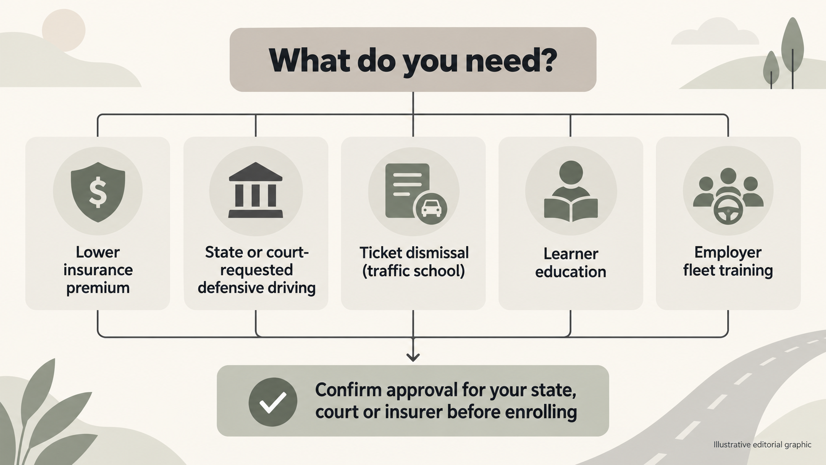 Help readers match their situation (insurance savings, ticket, court or employer requirement, learner, fleet) to a course type before checking approval